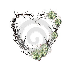 Heart woven of twigs. Decorative floral frame. Beautiful valentine greeting card