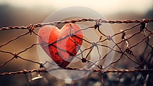 A heart wrapped in barbed wire, love symbolism, Valentine\'s Day.