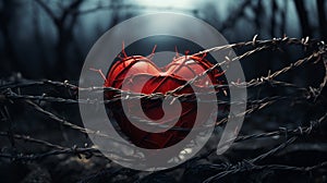 A heart wrapped in barbed wire, love symbolism, Valentine\'s Day.