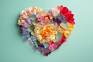 A heart wrapped in colorful flower petals, papercraft, on green background, Generative AI photo