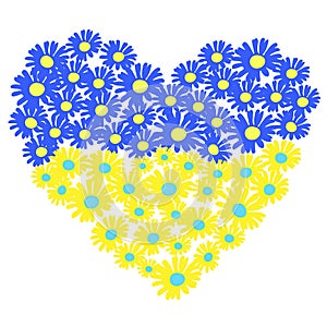 Heart with yellow and blue flowers. Stylized drawn love of Ukraine symbol, vector eps 10