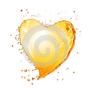 Heart from yellow water splash with bubbles isolated on white