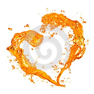 Heart from yellow water splash with bubbles isolated on white