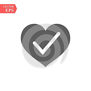 Heart with Yes check mark. Vector illustration. Gray heart with check mark on light background.