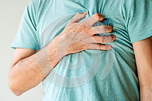 Heartache, chest pain and heart attack concept. Man with painful symptoms of a heart disease photo