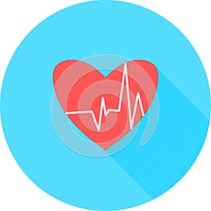Heartbeat in circle icon with long shadows. Heart pulse. cardiogram. Beautiful healthcare, medical. Modern simple design. Icon, si