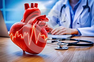 Heartbeat concept: 3D heart with rhythm on cardiologist\'s desk