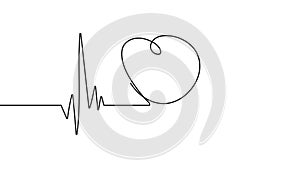 Heartbeat continuous video. Cardiogram one line drawing heart icon. Beautiful healthcare, medical background pulse logo