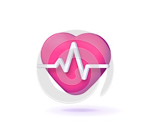 Heartbeat 3d icon vector render graphic, heart beat symbol cartoon red isolated on white background image clipart modern design,