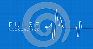 Heartbeat ekg pulse tracing on blue background with square grid, medical or health concept. Vector illustration