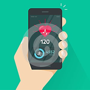 Heartbeat indicator on mobile phone screen, pulse meter with heart beat and running activity information, fitness health