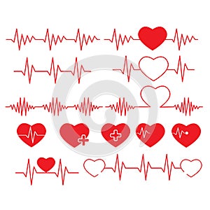 Heartbeat line on white background. set cardiogram of love sign. heart beat line pulse rhythm symbol. flat style