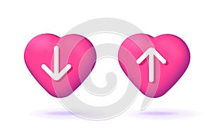 Heartbeat low high rate icon 3d vector render graphic, heart beat min max up down arrow pulse rhythm limit image clipart set,