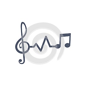 Heartbeat pulse line music with notes and clef, vctor illustration isolated on white background