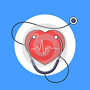 Heartbeat symbol with stethoscope vector outline illustration for world heart day poster celebration
