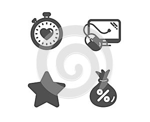 Heartbeat timer, Computer mouse and Star icons. Loan sign. Love stopwatch, Pc component, Best rank. Money bag. Vector