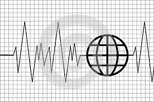 Heartbeat and world. Pulse and world. Man hold on to life. Simple illustration concept