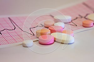 Heartbeats recorded on an electrocardiogram. With some pills on top. Anti-arrhythmic drugs