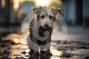 Heartbreaking scene a sad and homeless dog abandoned on streets