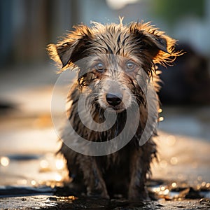 Heartbreaking scene a sad and homeless dog abandoned on streets photo