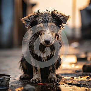 Heartbreaking scene a sad and homeless dog abandoned on streets photo