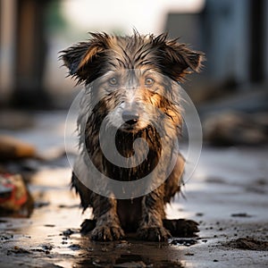 Heartbreaking scene a sad and homeless dog abandoned on streets photo