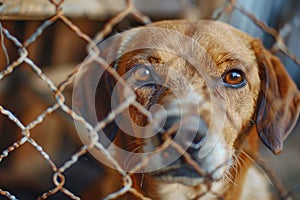 Heartbreaking scene stray dog in shelter cage, abandoned, hungry, and longing for care photo