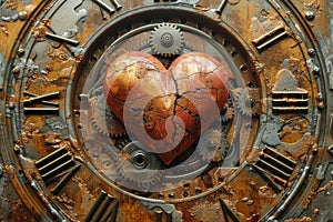 Heartbroken clockwork heart over timeworn clock face with roman numerals