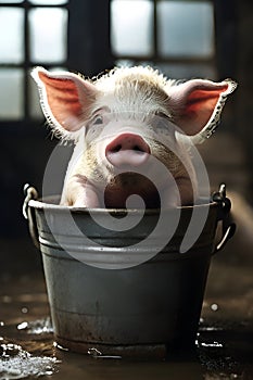 Heartbroken pig confined in a bucket
