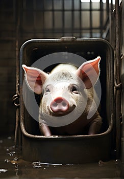 Heartbroken pig confined in a bucket