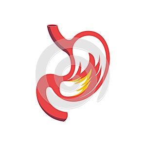 Heartburn flat icon. Fire in stomach. Intestinal disease.