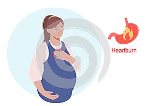 Heartburn during pregnancy. Woman holding abdomen and feel pain. Pregnancy symptoms and problems concept.