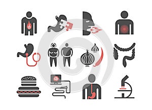 Heartburn. Symptoms, Treatment. Icons set. Vector signs for web graphics.