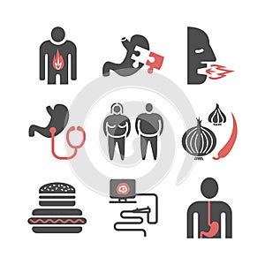 Heartburn. Symptoms, Treatment. Line icons set. Vector signs for web graphics.