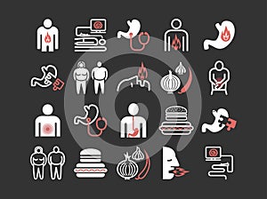 Heartburn. Symptoms, Treatment. Line icons set. Vector signs for web graphics.