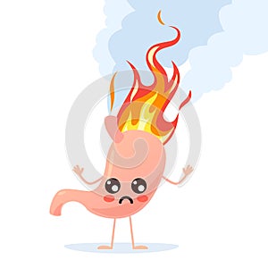 Heartburn and ulcer concept. Burning stomach. Human body part with red fire flame. Inflammatory organ with sad face