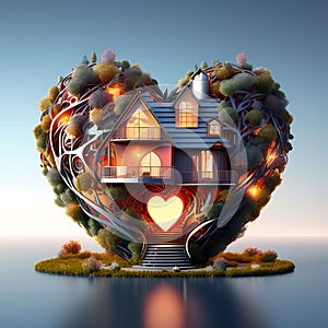 Heartfelt Abode: Midjourney Generative AI Illustration of an Abstract House in a Heart Shape