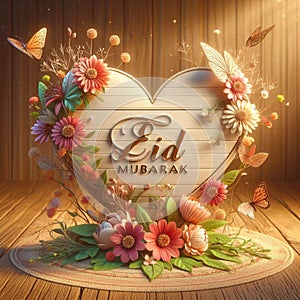 A Heartfelt Eid Mubarak with flowers and a glss heart to be taken care of. photo