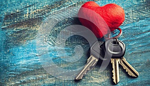 Heartfelt homeownership house keys with heart keyring, copy space for text placement