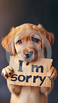 Heartfelt Regret: A Puppy\'s Endearing Apology with an \'I\'m Sorry\' Sign