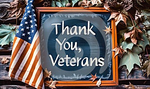 A heartfelt tribute to service members with a chalkboard bearing Thank You, Veterans beside the American flag on rustic