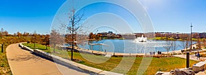 Heartland of America Park lake and fountain and trails.