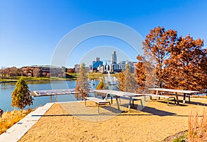 Heartland of America Park at the Riverfront Omaha Nebraska in Fall.