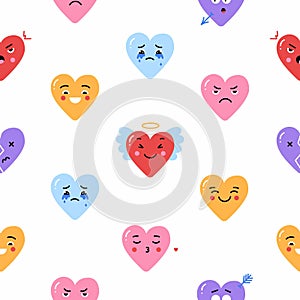 Hearts abstract Icons seamless Pattern on white background. Funny comic Faces