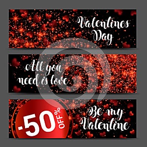 Hearts on abstract love background banner set. Be my valentine.