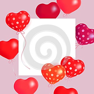 Hearts air balloons. Vector holiday illustration of soaring balloon hearts and paper banner. Happy Valentines Day background