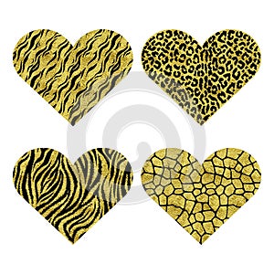 Hearts with animal print. Gold metallic vector illustration