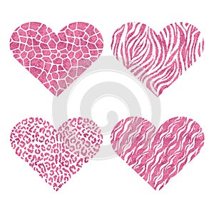 Hearts with animal print. Pink metallic vector illustration