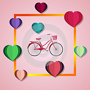 Hearts and bike illustration vector. bicycle design red background