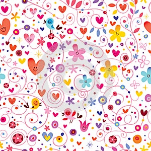 Hearts birds flowers floral nature seamless pattern